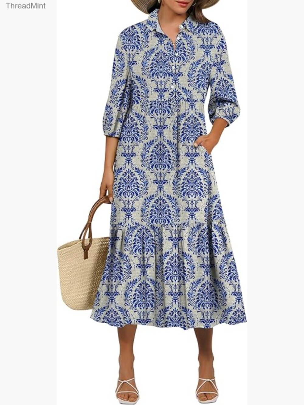 Floral Print Maxi Dress with Puff Sleeves, V-Neck, Casual Boho Style